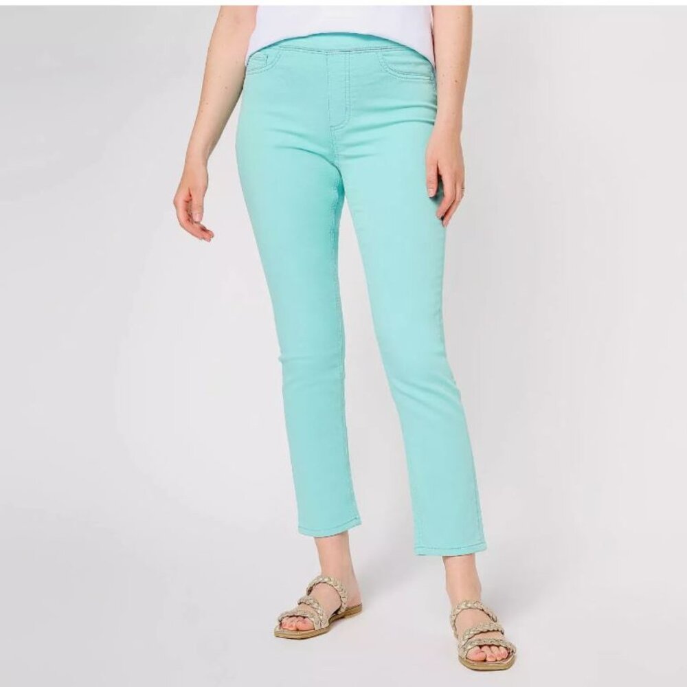 Denim & Co. Comfy Knit Slim Straight Ankle Length Jeans-Light Aqua-Size XL